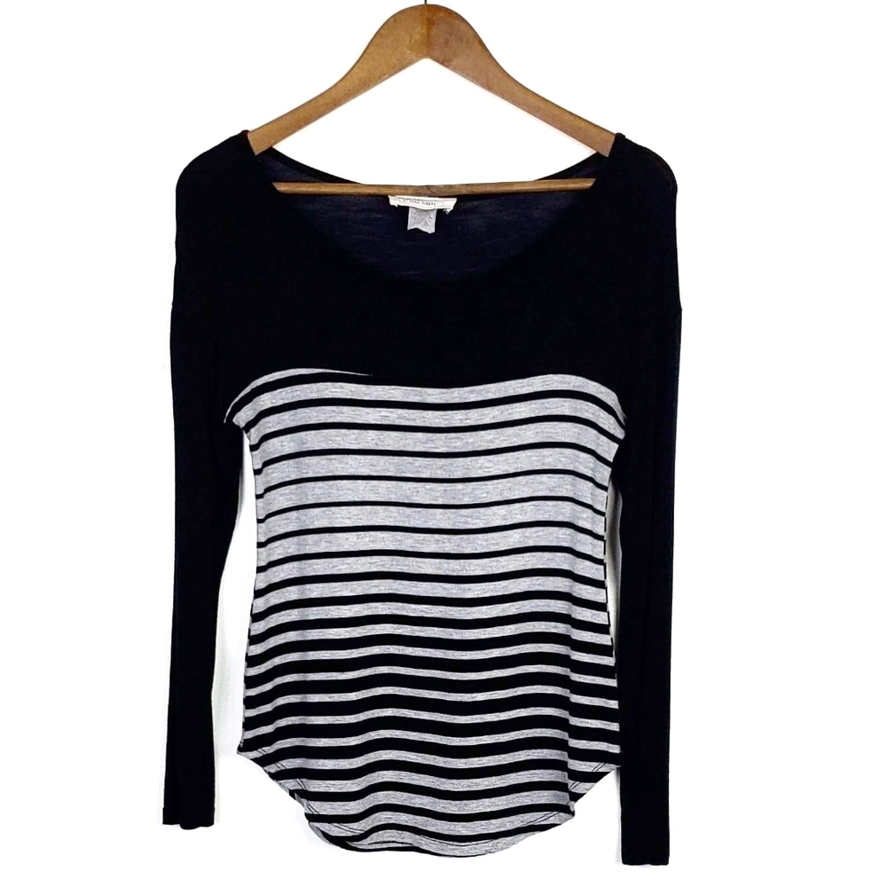 Womens Black Gray Striped Long‎ Sleeve Top Blouse Size M Scoop Neck